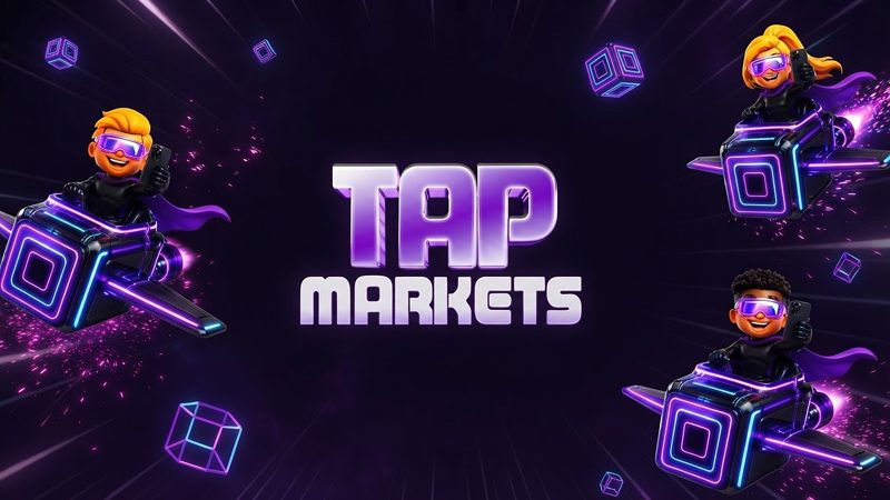 Tap Markets™ background — hero with centered logo and three flying characters