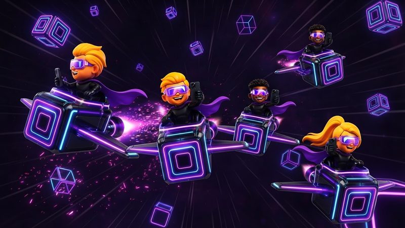Tap Markets™ background — five characters flying in formation, no logo