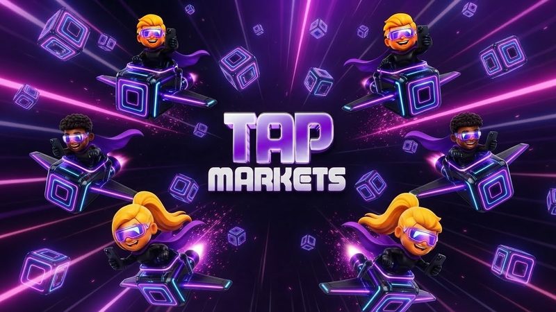 Tap Markets™ background — six characters arranged symmetrically around the centered logo