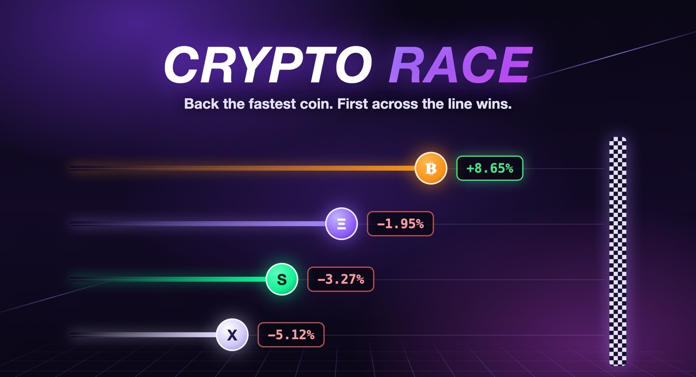 Crypto Race™ — real crypto indices race toward the finish line; back the fastest coin