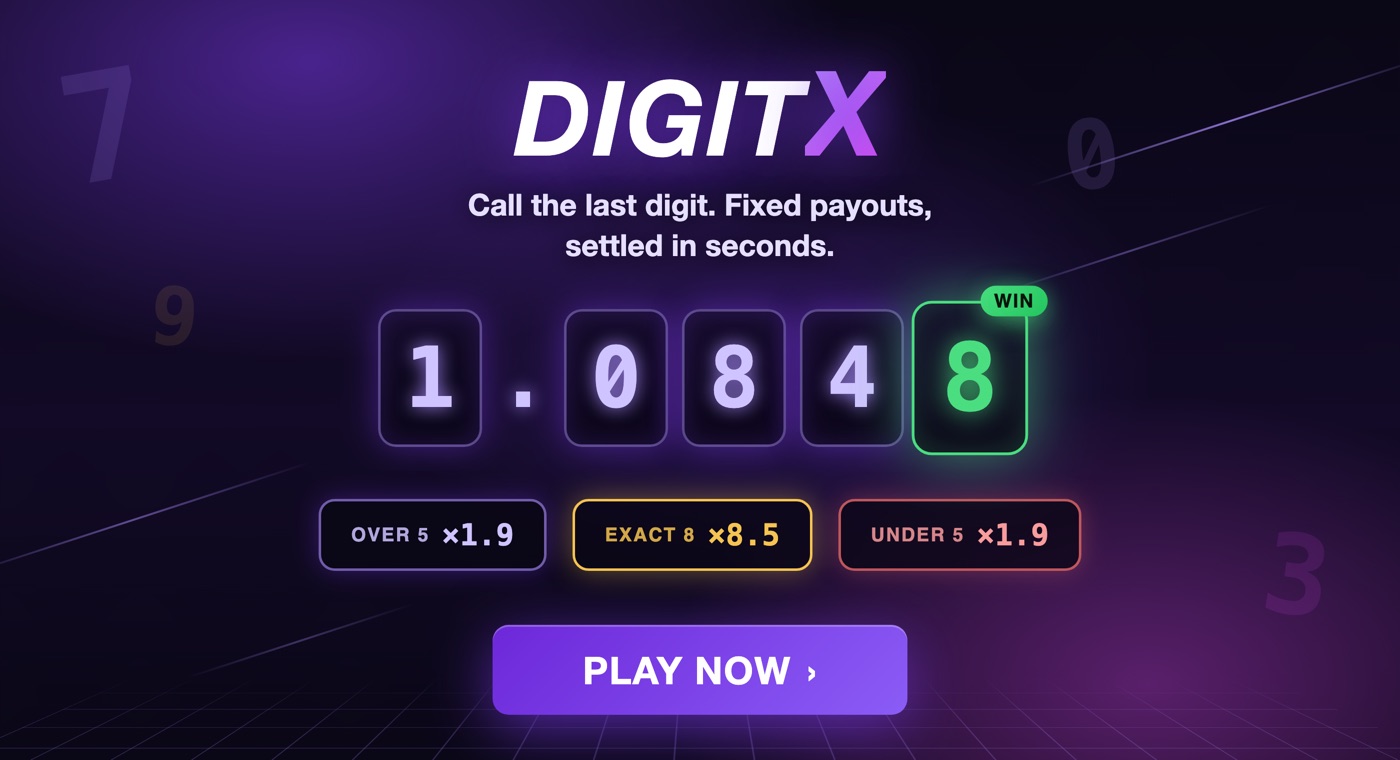 DigitX™ — call the last digit on a live price readout and win fixed payouts, settled in seconds