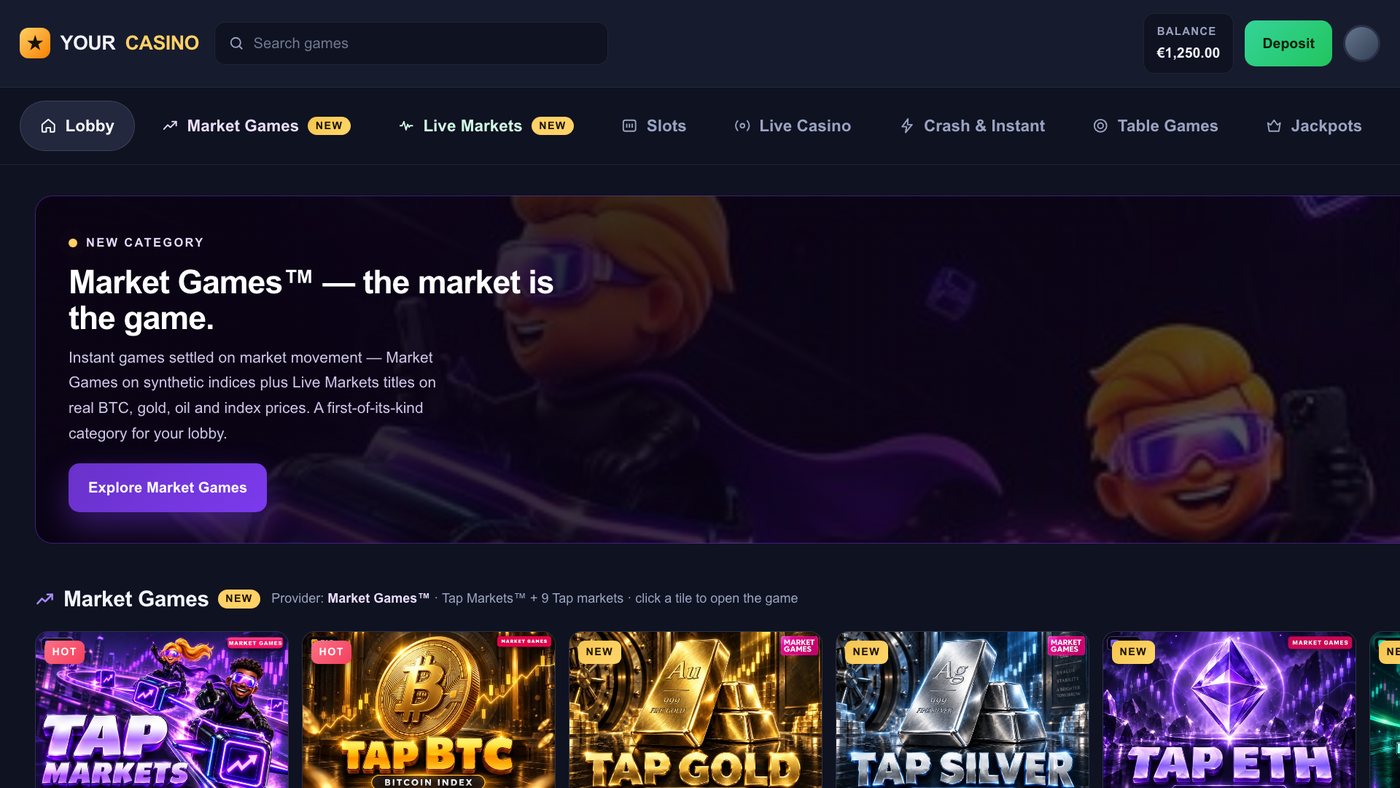 Mock casino lobby home view: promo banner, the Market Games row, the Live Markets row, then sample slots and live casino rows