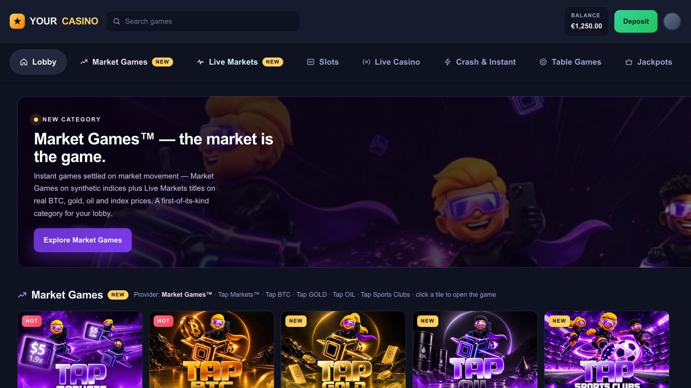 Mock casino lobby home view: promo banner, the Market Games row, the Live Markets row, then sample slots and live casino rows