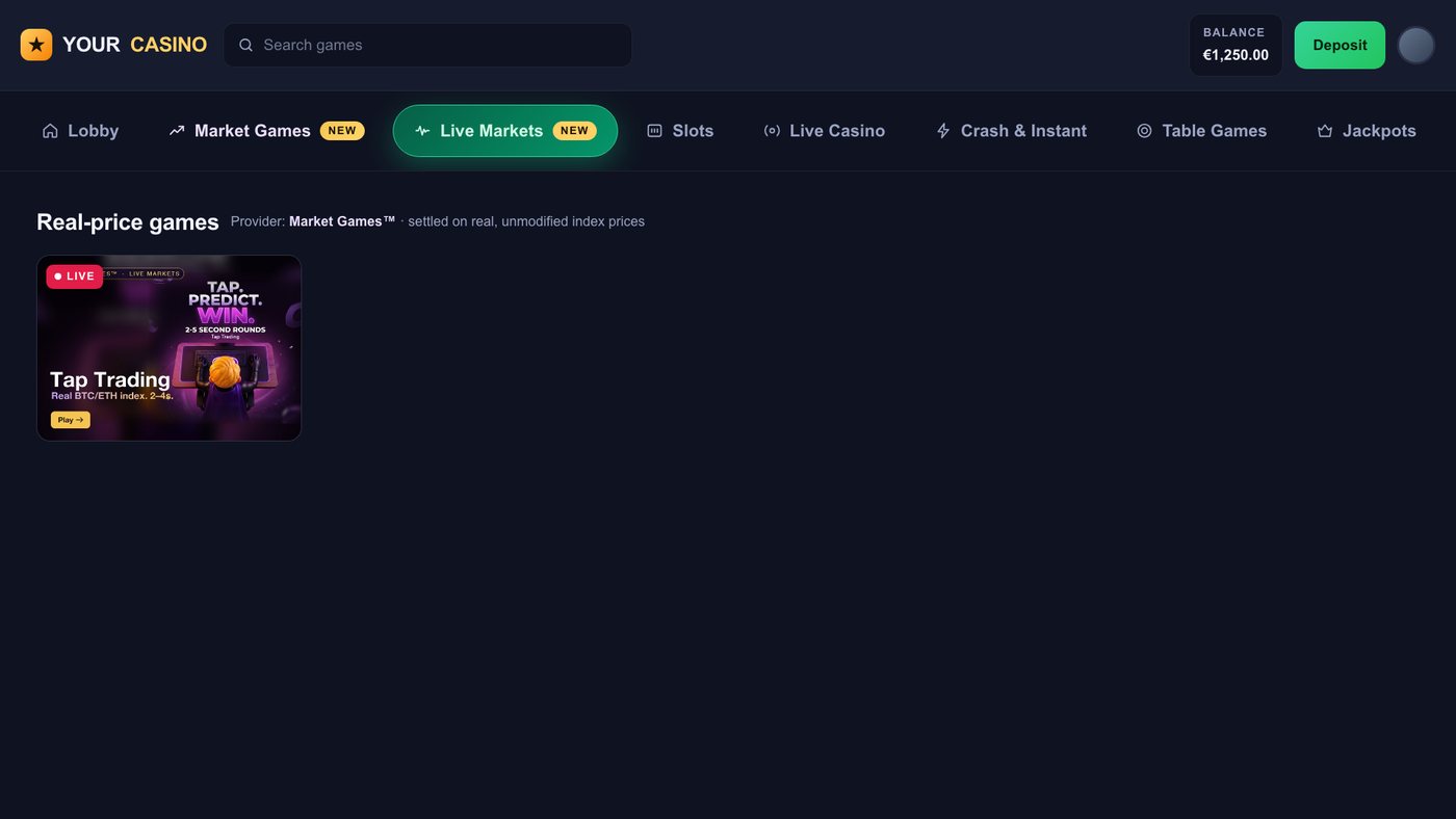 Mock casino lobby with the Live Markets tab selected, showing the Tap Trading tile