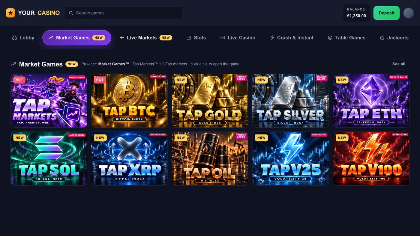 Mock casino lobby with the Market Games tab selected: a row of Tap Markets, Tap BTC, Tap Gold, Tap Silver, Tap ETH, Tap SOL, Tap XRP, Tap Oil, Tap V25 and Tap V100 tiles