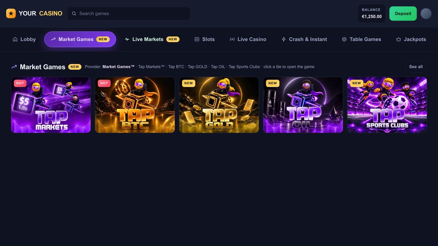 Mock casino lobby with the Market Games tab selected: a row of Tap Markets, Tap BTC, Tap Gold, Tap Silver, Tap ETH, Tap SOL, Tap XRP, Tap Oil, Tap V25 and Tap V100 tiles
