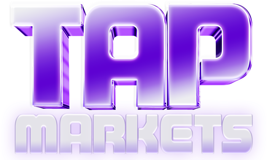Tap Markets™ game logo — purple chrome lettering with transparent background