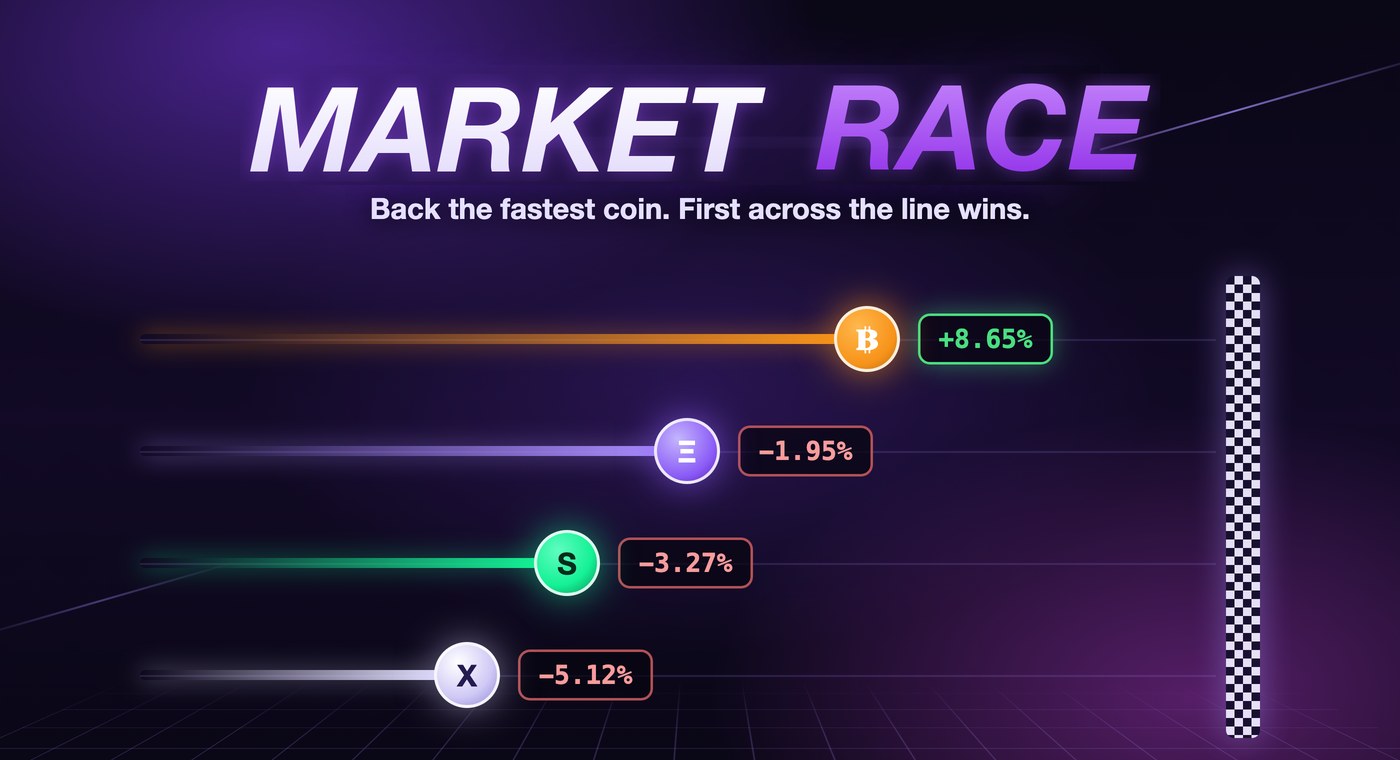Market Race™ — BTC, ETH, SOL and XRP race on live performance toward the finish line; back the fastest coin