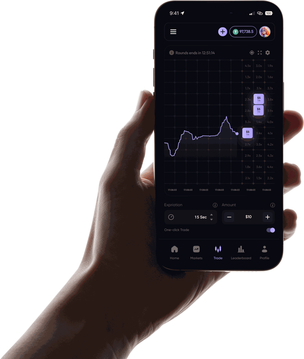 Tap Markets™ gameplay on mobile — live chart with one-tap multiplier boxes
