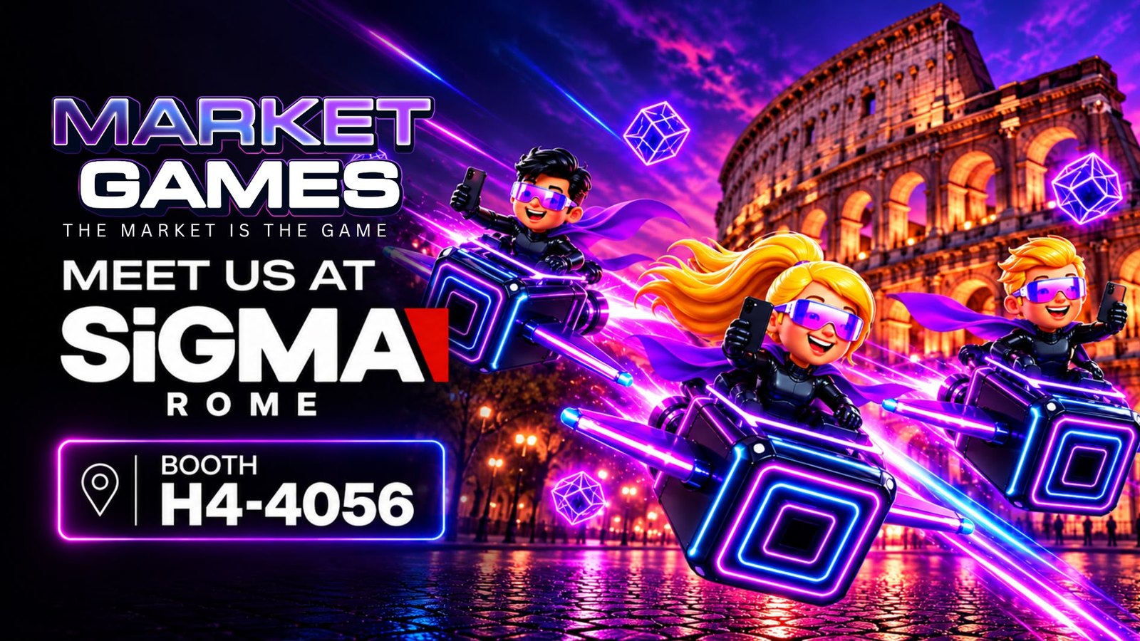 Meet Market Games at SiGMA Rome, booth H4-4056: Tap Markets characters flying past the Colosseum at night