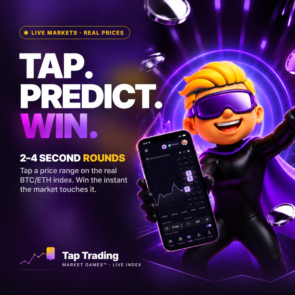 Tap Trading: a player taps a price range on the live Bitcoin chart